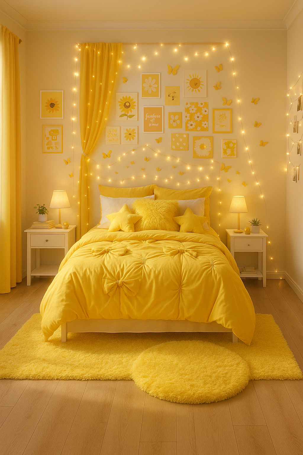 Bright yellow girl's bedroom with bow comforter, star pillows, collage wall, and fairy lights